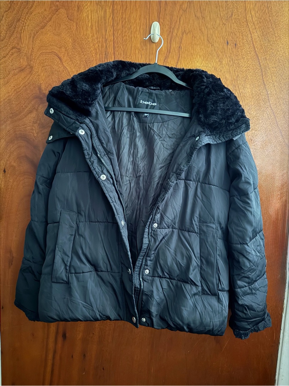 bebe Black Quilted Puffer Jacket with Faux Fur Collar